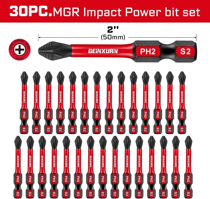 GEINXURN 30Pieces Magnetic #2 Phillips 2 in. Hex Anti-Slip Screwdriver Bits, 1/4 Inch Hex Shank Impact Tough PH2 Cross Screwdriver Bits Set - Image 2